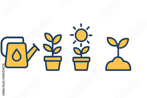Garden growth stages with watering can, sunlight, and young plants in pots