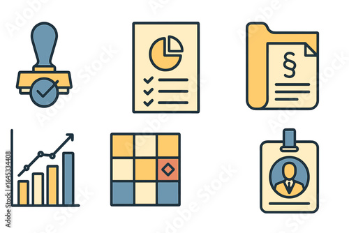 Icons representing processes in business management, including charts, stamps, and legal documents for efficient operations