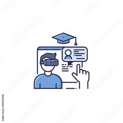 Virtual Learning Experience: A modern illustration depicts a person immersed in virtual reality, engaging in an interactive educational session. A hand is reaching out.