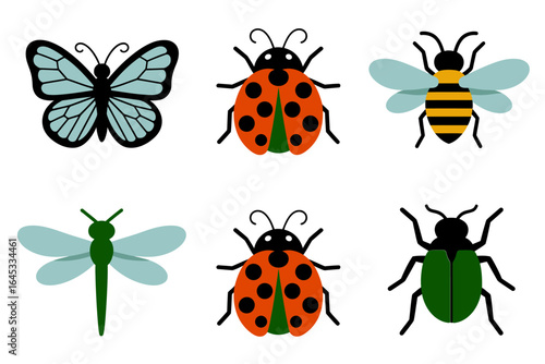 Butterfly and pollinator set, dragonfly ladybird bee green beetle, spring garden vector, bright insect icons, nature design