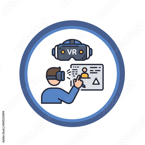 VR Technology Icon: Illustrates a person interacting with a digital interface via virtual reality, showcasing the immersive possibilities of technology.