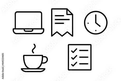 Working on tasks with laptop, cup of coffee, clock, and checklist in a casual environment