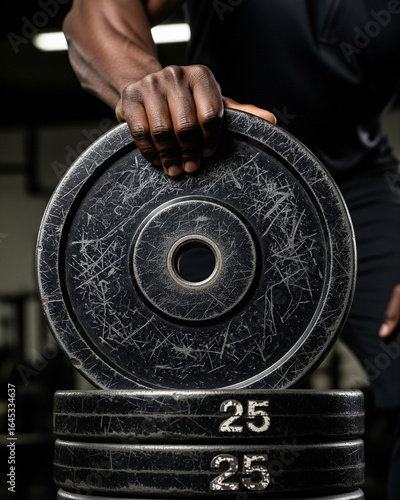 AI Muscular athlete's hand resting on a stack of heavy black weight plates before a strength training workout in the gym.