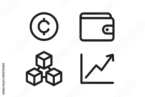 Icons representing cryptocurrency, wallet, blockchain technology, and financial growth trends