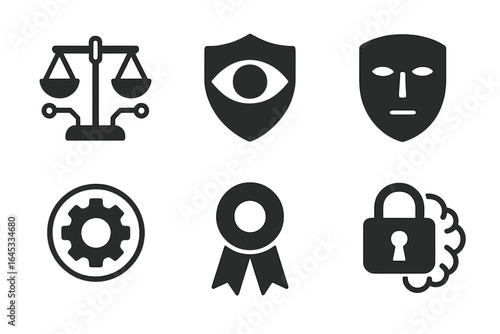 Symbols of justice, security, and achievement represented in simple, modern icons designed for legal and protective concepts