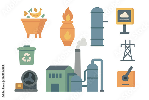 Industrial activities and sustainable practices in waste management and energy generation at a modern facility