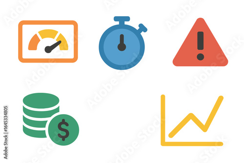 Visual symbols representing time management, financial growth, warning signs, and performance metrics in a business context