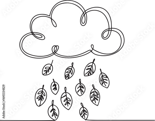Continuous single one line art of a cloud raining leaves instead of water, minimalist autumn seasonal surreal nature illustration

