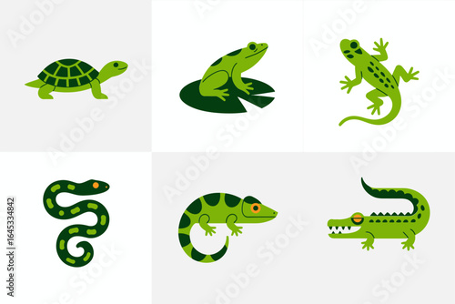Reptile and amphibian icons, turtle frog lizard snake crocodile, swamp wildlife, cartoon vector, nature set