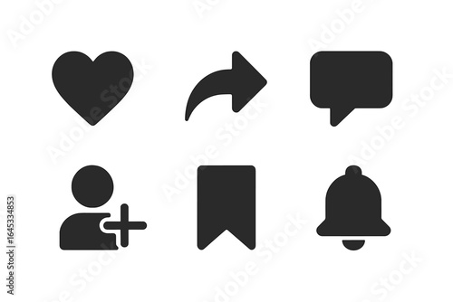 Exploring social media icons depicting engagement features like likes, shares, comments, and notifications in a monochromatic design