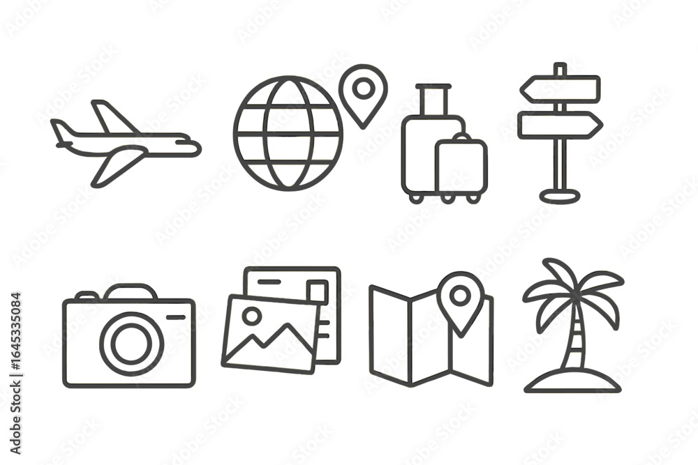 Obraz premium Travel icons representing adventure, exploration, and vacation planning in a minimalist style