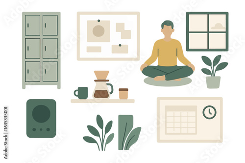 Meditation practice in a calm, organized workspace with plants and minimalistic decor