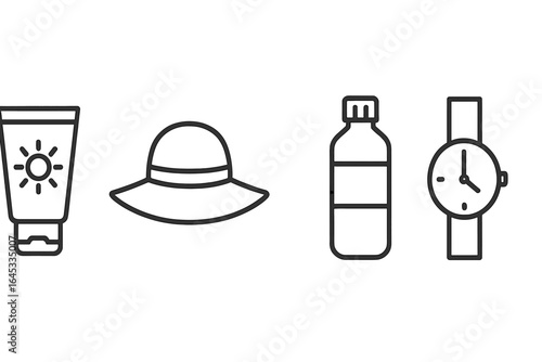 Essentials for a sunny day outdoors include sunscreen, a hat, water, and a watch for keeping track of time
