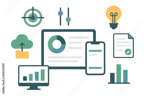 Data analysis tools and visualizations displayed on modern devices with graphs, charts, and icons for insights