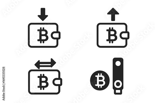 Digital wallet icons representing cryptocurrency transactions for receiving, sending, and managing funds