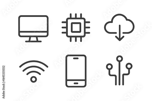 Technology icons representing digital devices and connectivity in a minimalist design suitable for modern presentations