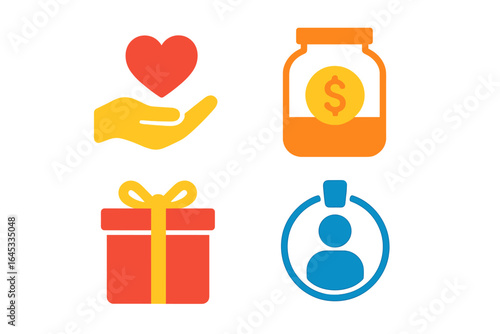Creative digital illustration featuring symbols of charity, savings, gifting, and community engagement in vibrant colors