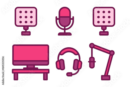 Equipment for audio and video production in modern broadcasting studios with microphones and monitors