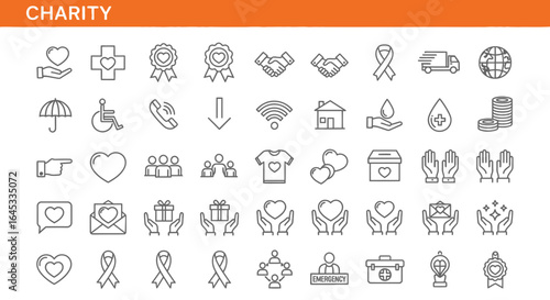 Humanitarian charity donation line icon collection banner. Includes medical, disability, shelter, love, care, giving hand, awareness, and community symbols. Perfect for NGO, welfare, and helping hand 