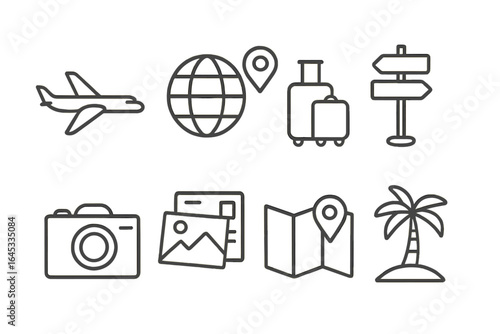 Travel icons representing adventure, exploration, and vacation planning in a minimalist style