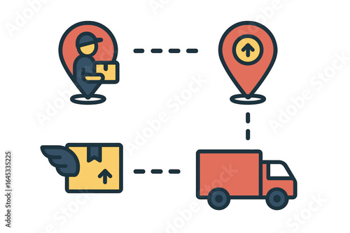 Delivery process illustrated with icons showing package movement from sender to recipient in a straightforward manner
