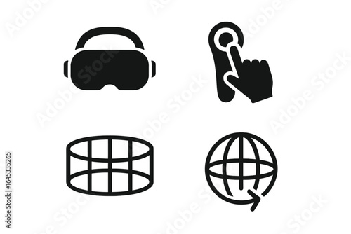 Virtual reality technology icons showcasing interactive components and global connectivity in modern digital experiences