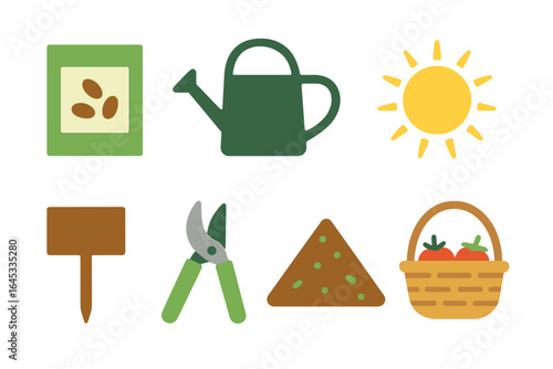 Gardening tools and elements used for planting seeds and nurturing plants in a sunny outdoor setting