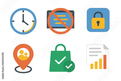 Digital icons illustrating time management, security, location, and task completion for effective workflow