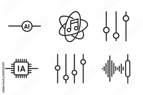 Icons representing artificial intelligence, music, and sound adjustments created in a minimalistic style