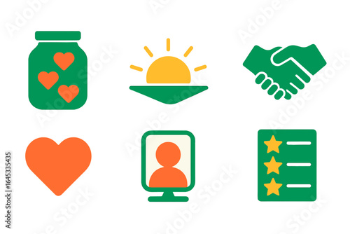 Icons representing love, connection, and positivity in vibrant colors suitable for various uses