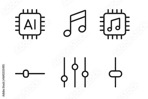 Illustration of artificial intelligence concepts including music notes and sliders for sound control and modulation