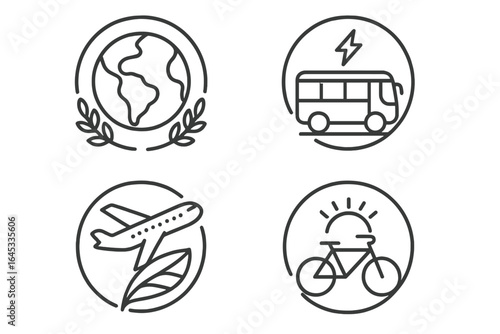 Travel icons representing various modes of transportation and environmental consciousness