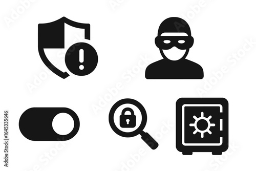 Symbols illustrating security concepts including safety alerts, a burglar, and a safe icon for educational purposes