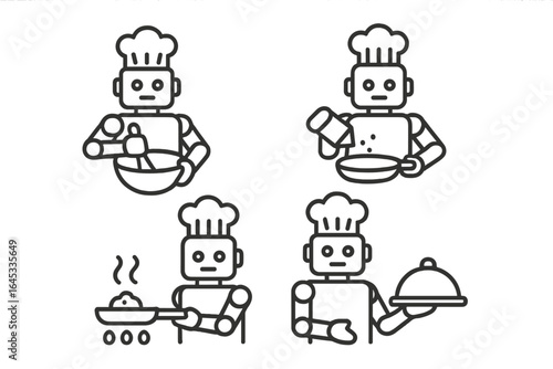 Robotic chef preparing various dishes in a kitchen setting during daytime