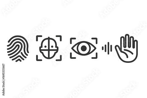 Exploring modern biometric technology symbols for fingerprint, facial recognition, eye scanning, and hand detection