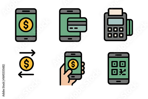 Various mobile payment methods and transaction icons displayed on a simple background in a digital finance context