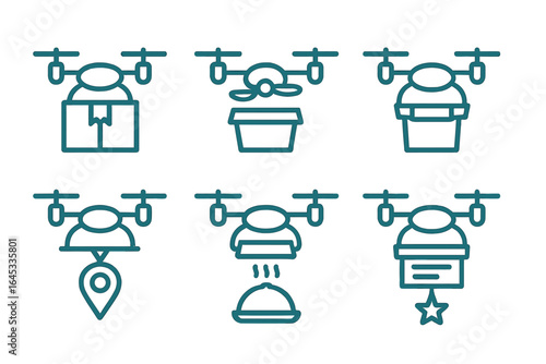 Drones delivering packages, planting flowers, and serving food in a modern urban setting during daylight hours