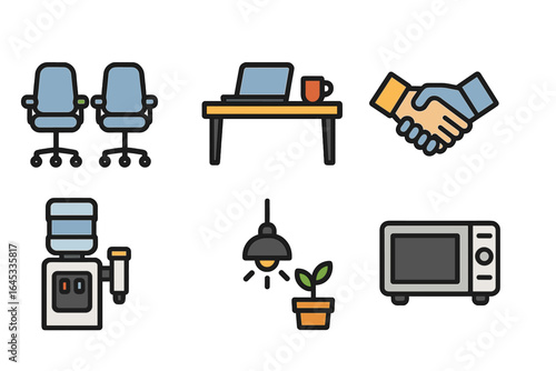Office workspace elements featuring chairs, desk, laptop, and water cooler in a bright setting
