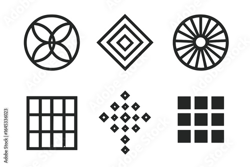 Geometric shapes and patterns displayed in a captivating arrangement on a white background