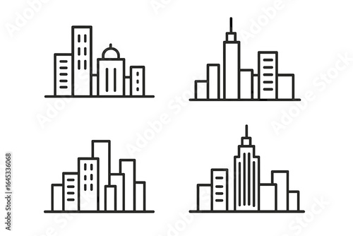 Urban skyline silhouettes featuring modern architecture in various arrangements at different perspectives