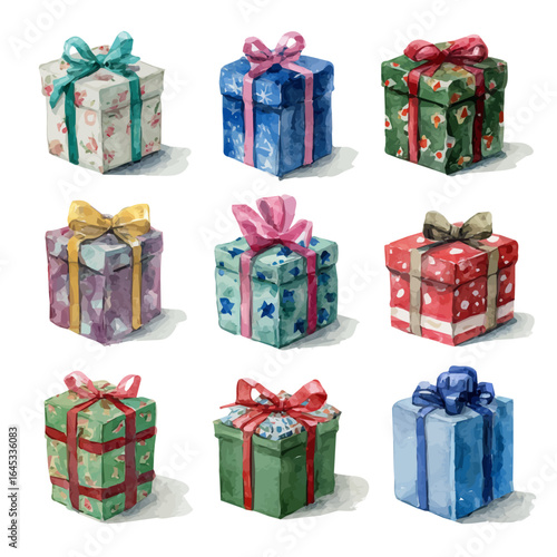My hand-painted watercolor of a Christmas gift box with ribbon, featuring soft tones and artistic simplicity, isolated on white, EPS vector ready. EPS vector design,  collection