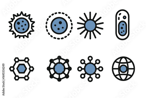 Diverse illustrations of cellular structures and microorganisms on a clean white background showcasing biological science