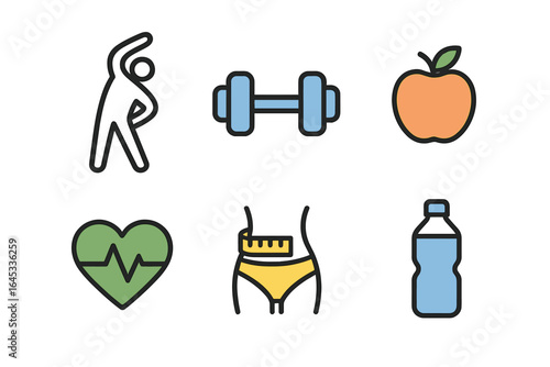 Creative icons representing fitness, health, and nutrition activities ideal for a wellness program or health campaign in a modern style