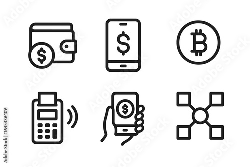 Digital payment methods and cryptocurrency icons represented in modern illustration on a white background