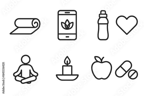 Elements of a balanced wellness routine featuring yoga mat, healthy food, and mindfulness practices