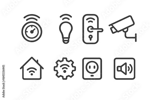 Smart home technology icons representing various functions and features for modern living and convenience