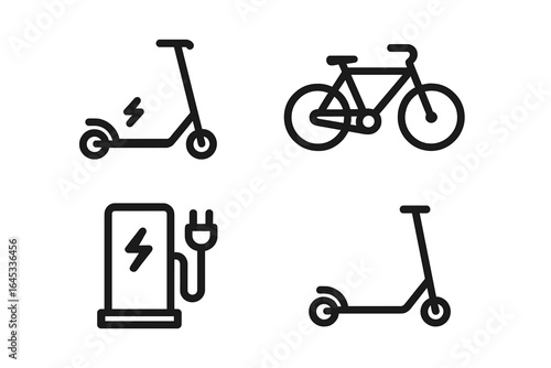 Electric scooter, bicycle, and charging station icons representing eco-friendly transportation options for urban commuting