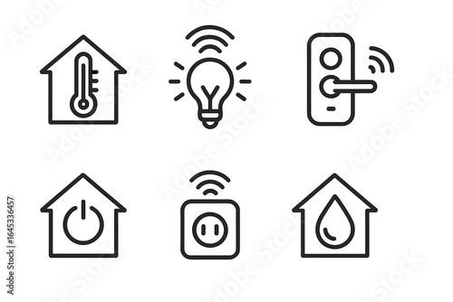 Smart home technology icons showcasing automation features for energy control and security in a modern setting