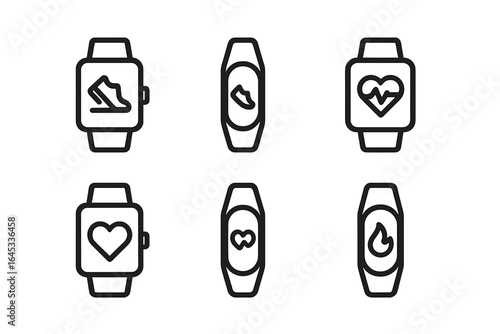 Wearable fitness tracker icons depicting various health metrics and activities for a modern lifestyle