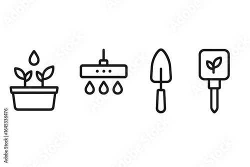 Gardening tools and equipment featuring plants, watering system, trowel, and plant markers in a minimalistic design